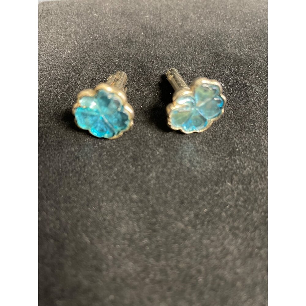 Vintage Men's Cufflinks Aqua Blue Stone 4 leaf clover with stem SKU 5185